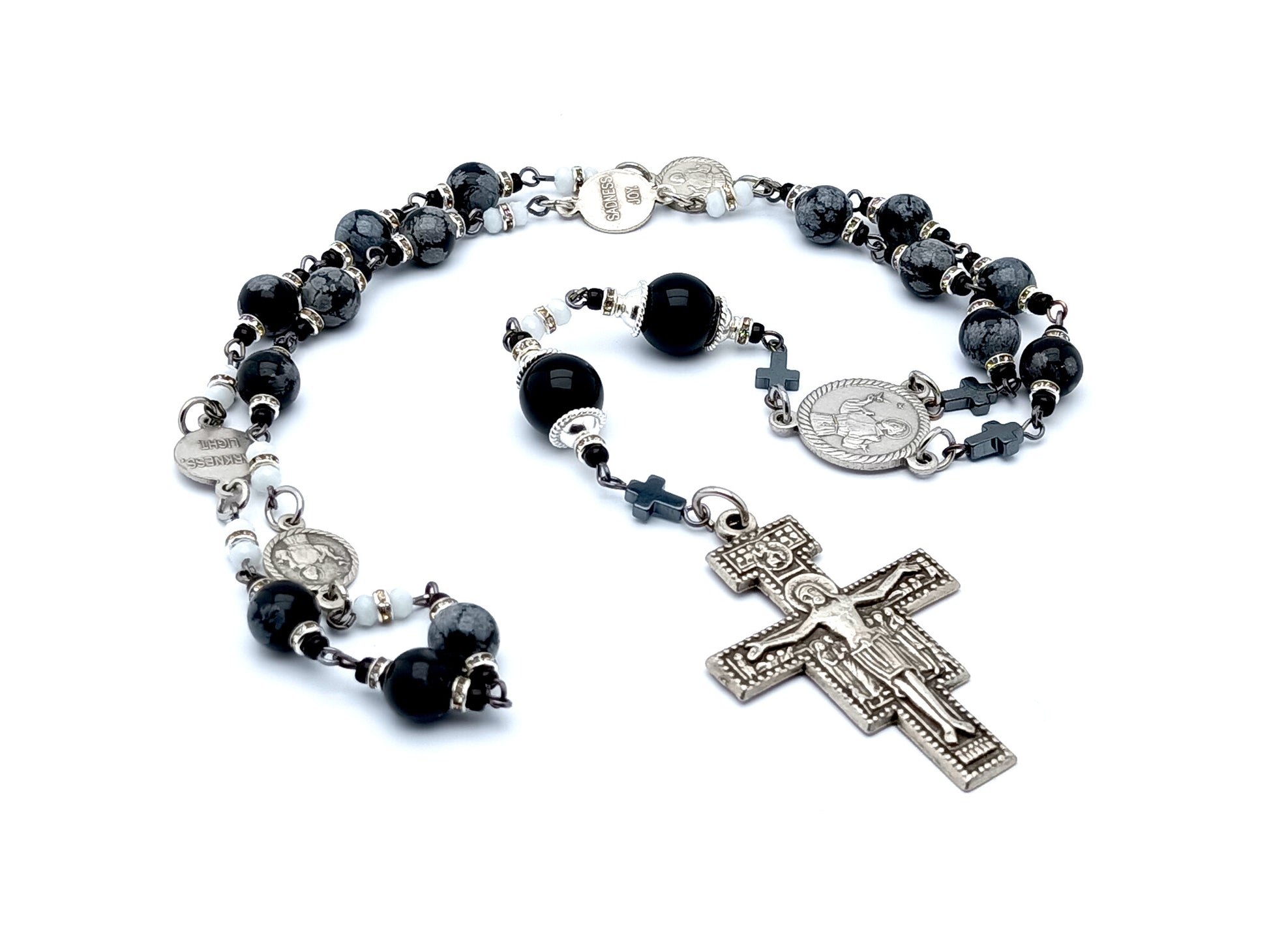 Saint Francis of Assisi unique rosary beads prayer chaplet with snowflake gemstone prayer and silver prayer medal beads and Saint Francis prayer crucifix.