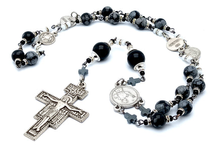 Saint Francis of Assisi unique rosary beads prayer chaplet with snowflake gemstone prayer and silver prayer medal beads and Saint Francis prayer crucifix.