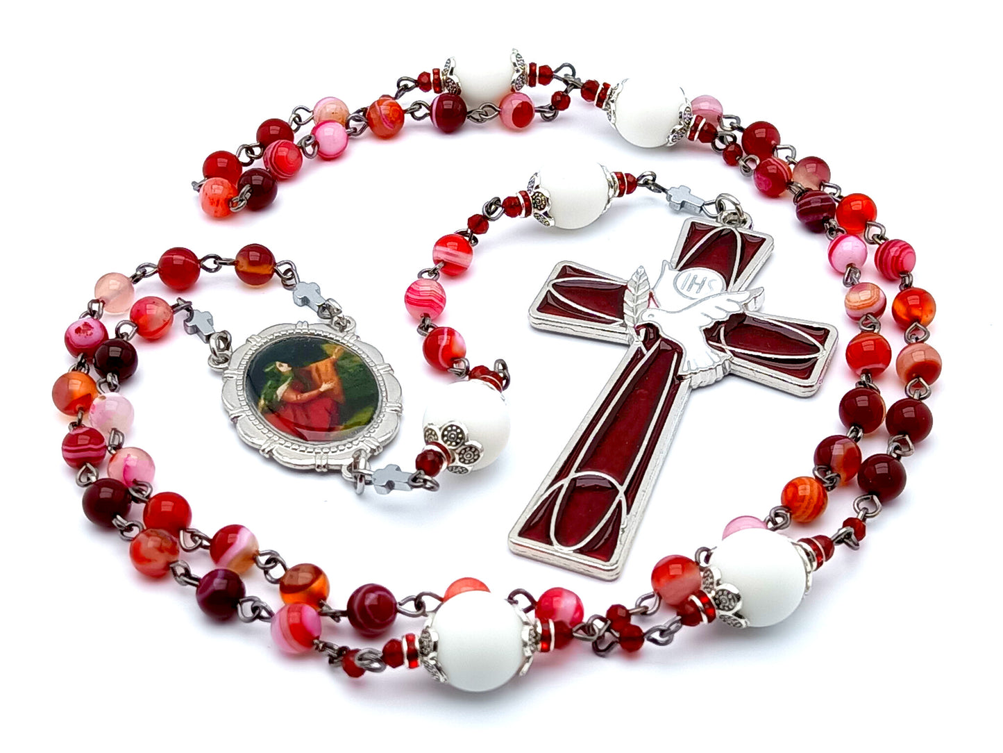 Saint Mary Magdalene unique rosary beads with red agate and alabaster gemstone beads and Holy Spirit red enamel cross.