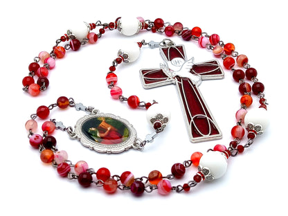 Saint Mary Magdalene unique rosary beads with red agate and alabaster gemstone beads and Holy Spirit red enamel cross.