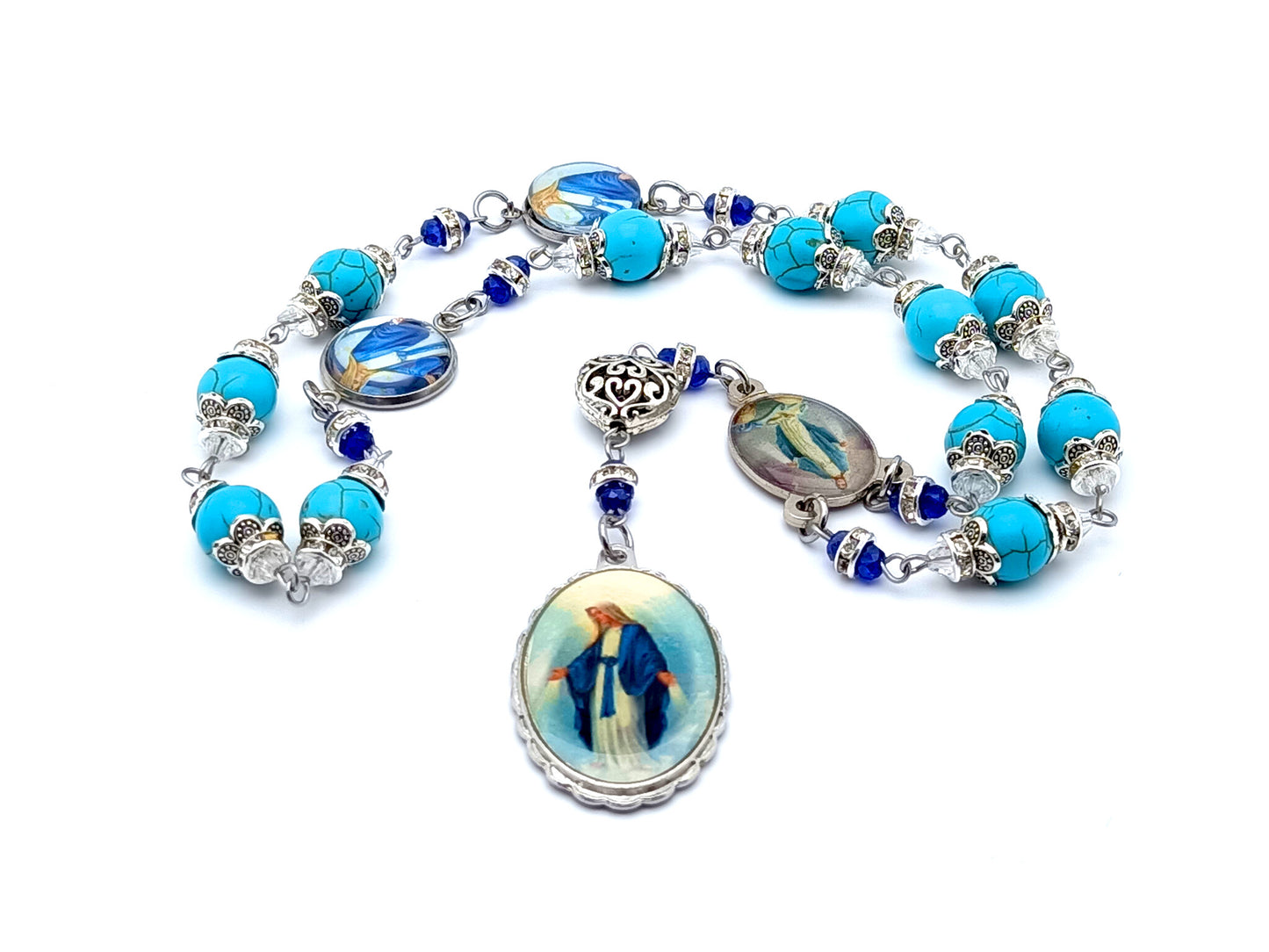 The Immaculate conception unique rosary beads prayer chaplet with turquoise gemstone beads and Our Lady of Grace picture medal.