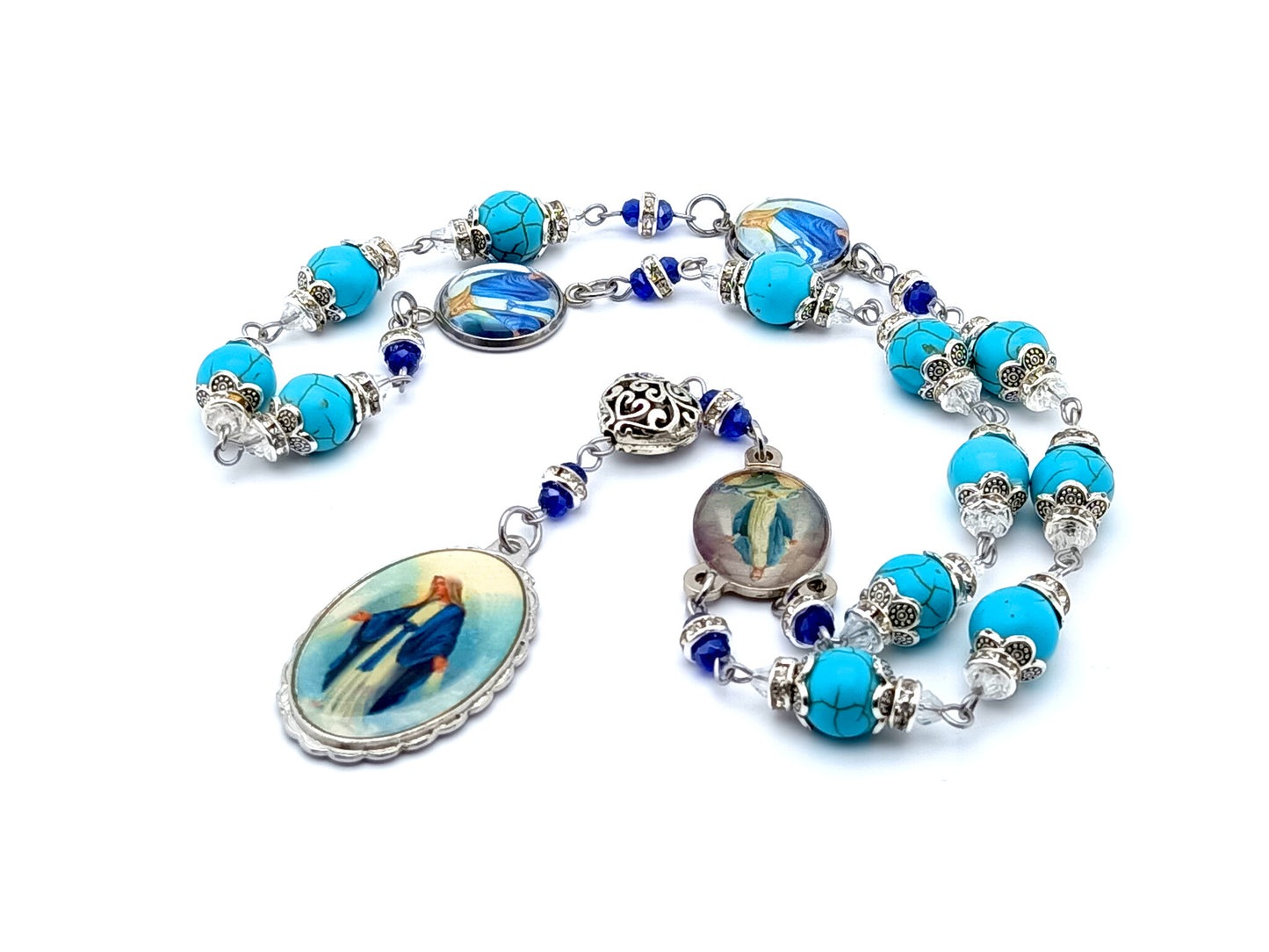The Immaculate conception unique rosary beads prayer chaplet with turquoise gemstone beads and Our Lady of Grace picture medal.