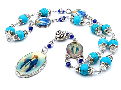 The Immaculate conception unique rosary beads prayer chaplet with turquoise gemstone beads and Our Lady of Grace picture medal.