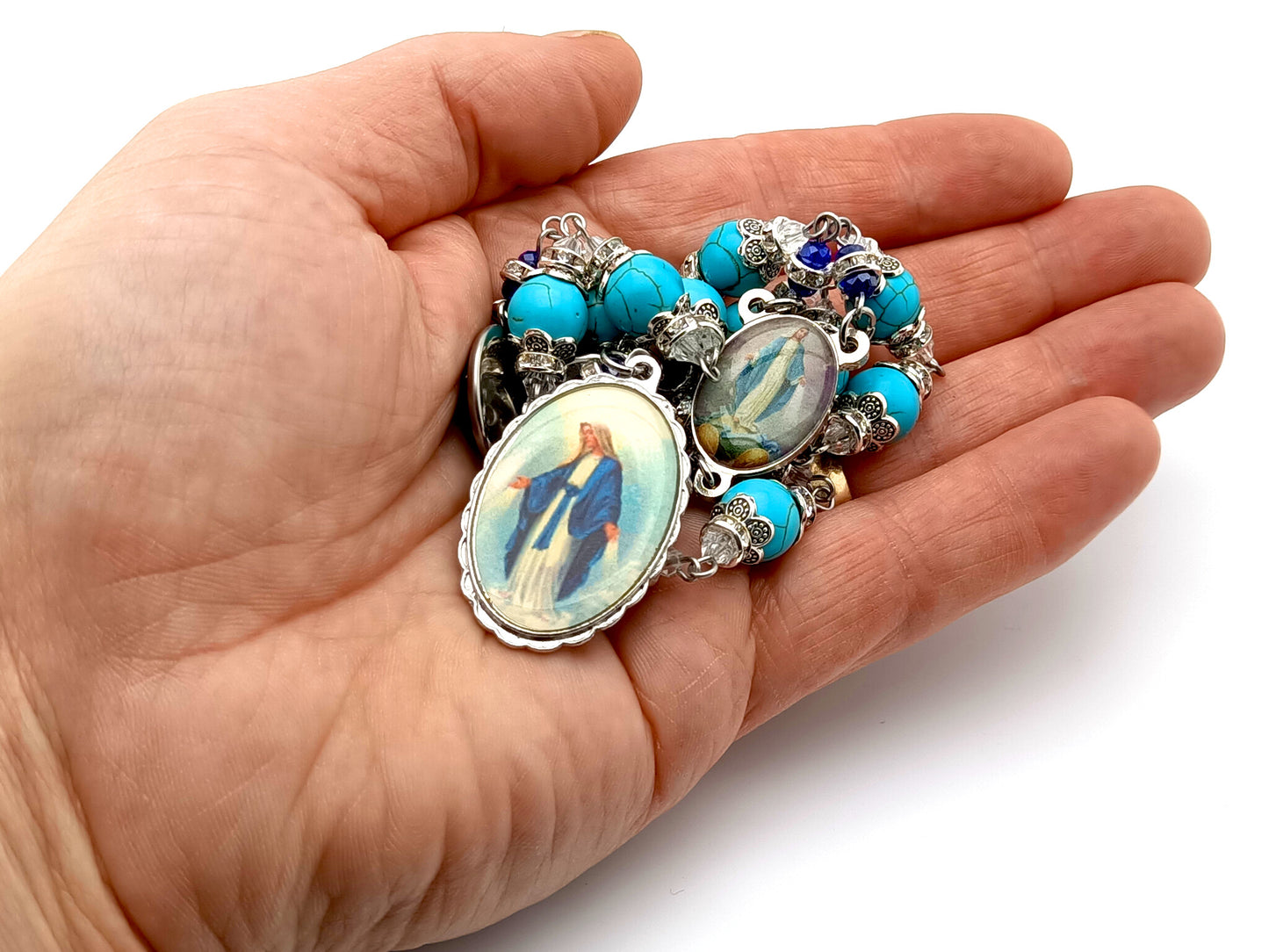 The Immaculate conception unique rosary beads prayer chaplet with turquoise gemstone beads and Our Lady of Grace picture medal.