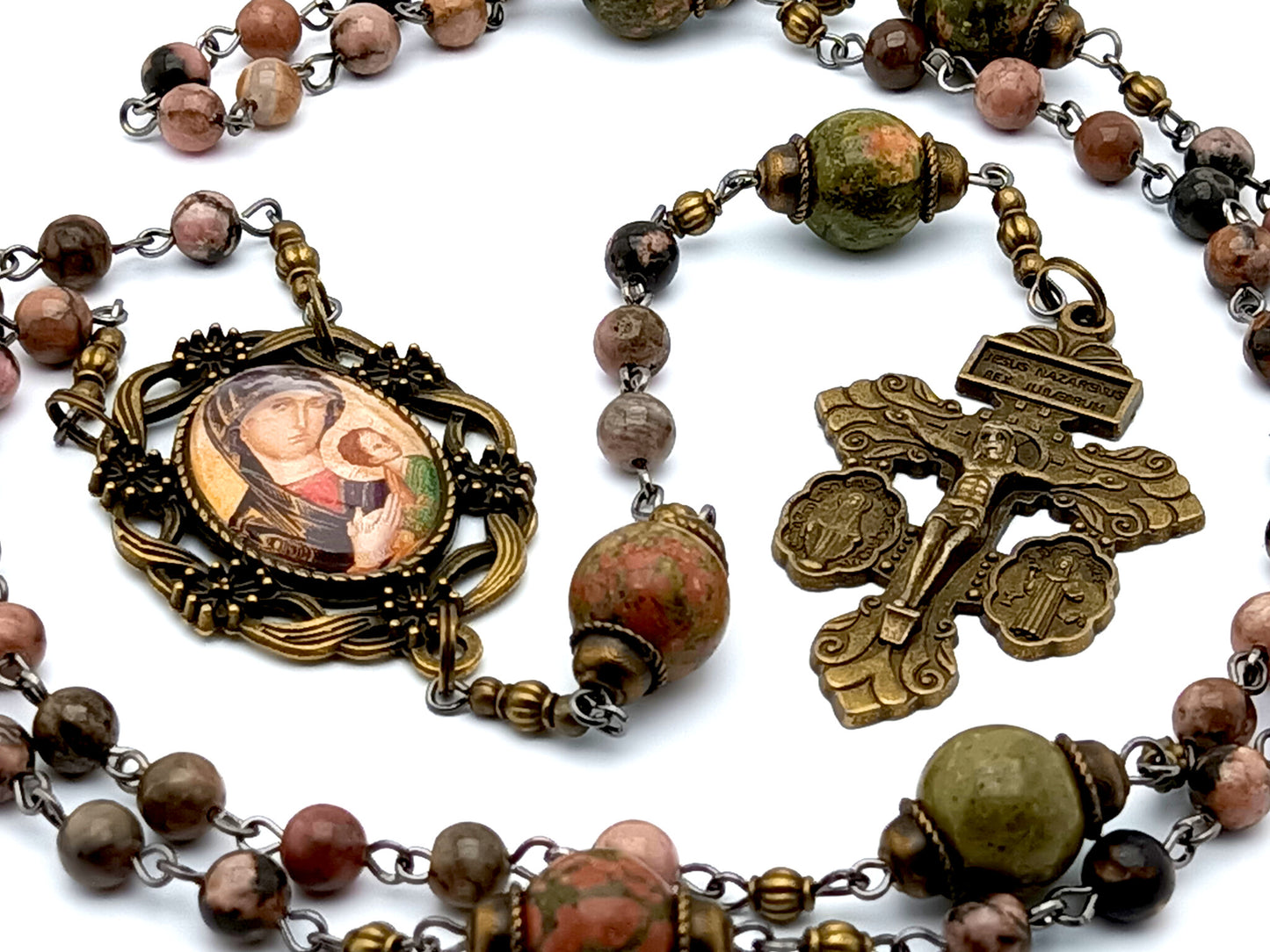 Vintage style Our Lady of Perpetual Help unique rosary beads with rhodonite gemstone beads and brass medal Miraculous medal crucifix.
