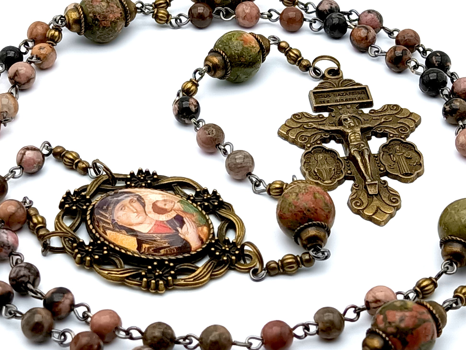 Vintage style Our Lady of Perpetual Help unique rosary beads with rhodonite gemstone beads and brass medal Miraculous medal crucifix.