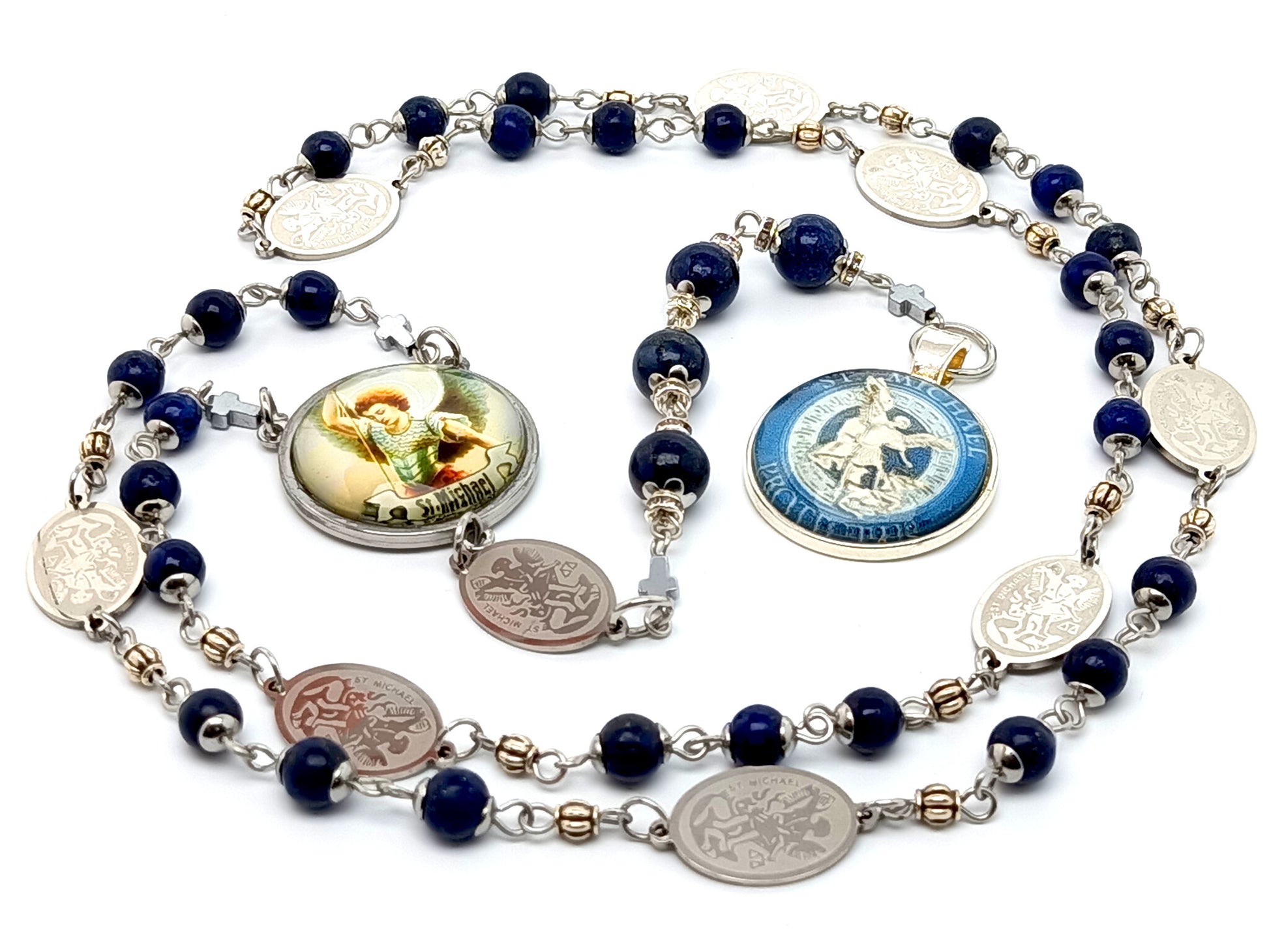 Saint Michael unique rosary beads prayer chaplet with lapis lazuli gemstone beads, stainless steel etched Saint Michael linking medals and picture medals.