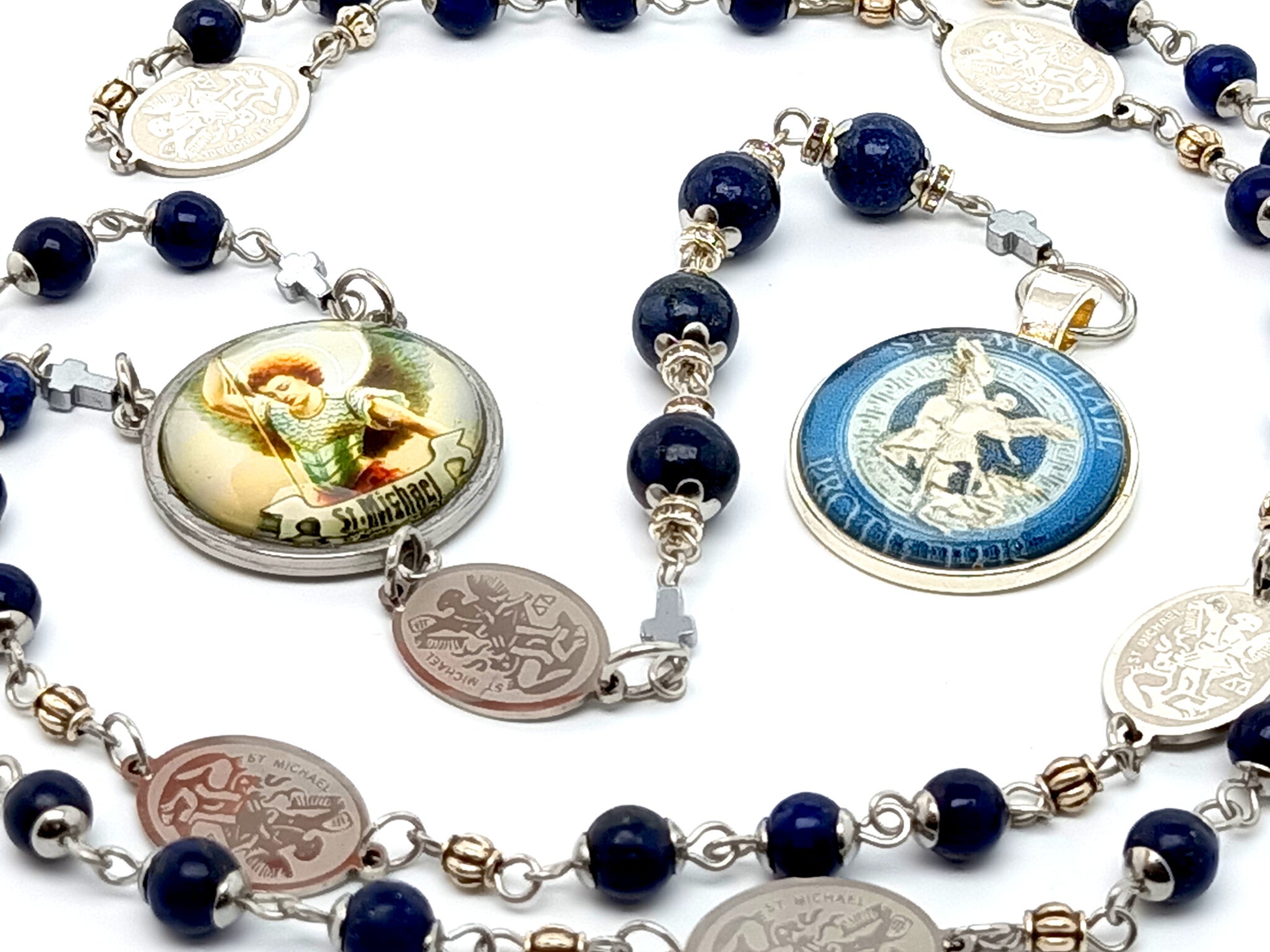 Saint Michael unique rosary beads prayer chaplet with lapis lazuli gemstone beads, stainless steel etched Saint Michael linking medals and picture medals.