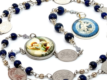 Saint Michael unique rosary beads prayer chaplet with lapis lazuli gemstone beads, stainless steel etched Saint Michael linking medals and picture medals.