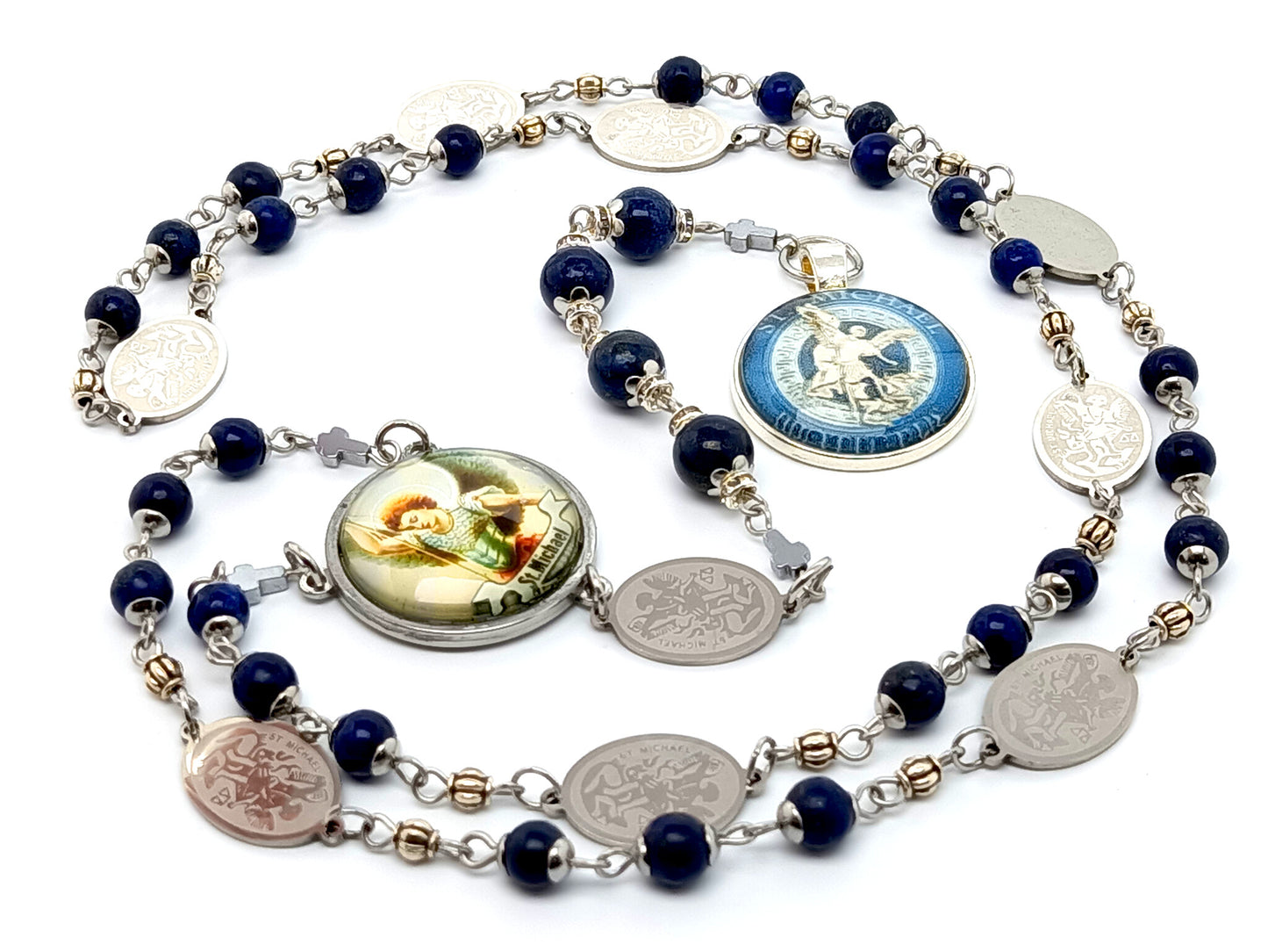 Saint Michael unique rosary beads prayer chaplet with lapis lazuli gemstone beads, stainless steel etched Saint Michael linking medals and picture medals.