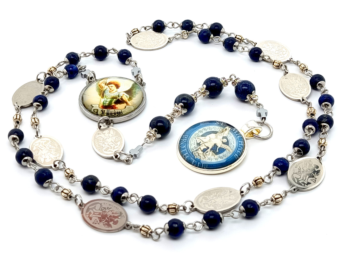 Saint Michael unique rosary beads prayer chaplet with lapis lazuli gemstone beads, stainless steel etched Saint Michael linking medals and picture medals.