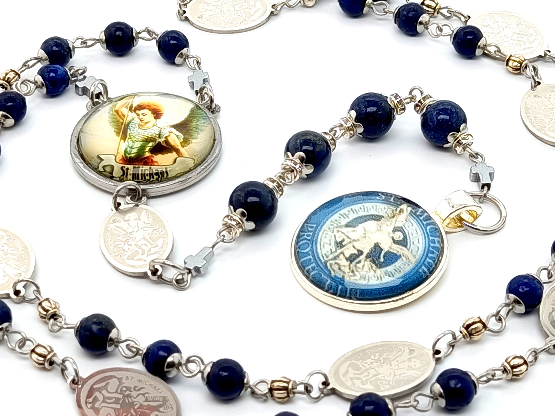 Saint Michael unique rosary beads prayer chaplet with lapis lazuli gemstone beads, stainless steel etched Saint Michael linking medals and picture medals.