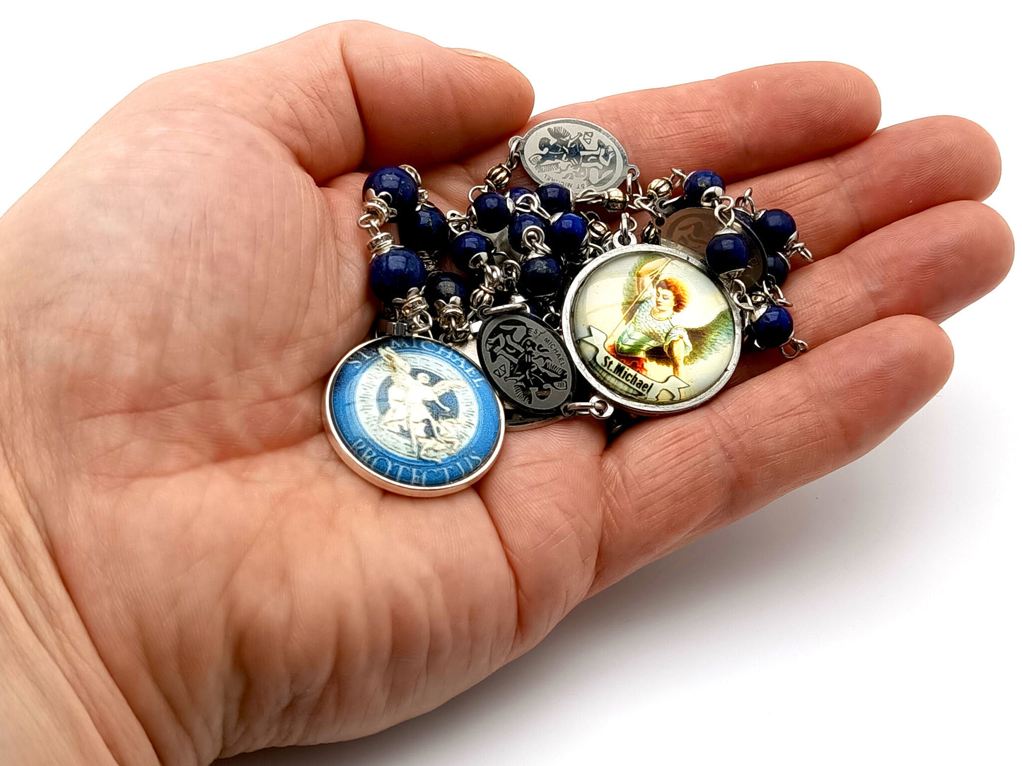 Saint Michael unique rosary beads prayer chaplet with lapis lazuli gemstone beads, stainless steel etched Saint Michael linking medals and picture medals.