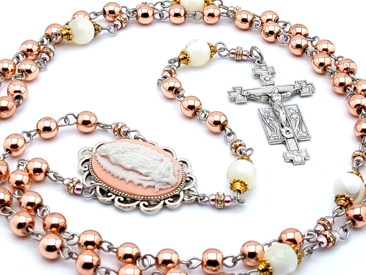 Our Lady of Guadalupe cameo unique rosary beads with rose gold hematite gemstone and mother of pearl beads and Holy Angel crucifix.