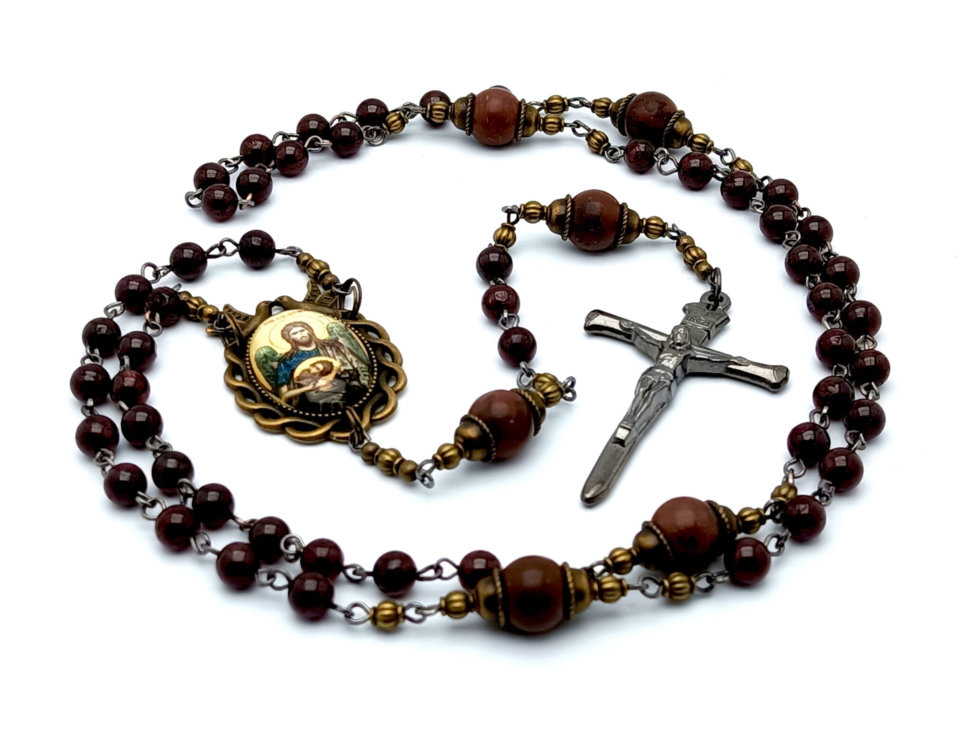Saint Joan of Arc garnet gemstone rosary beads with Crowning of
