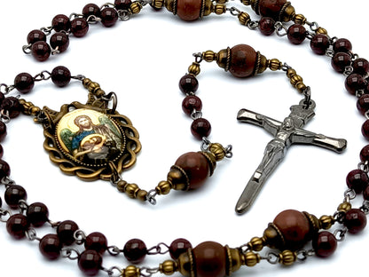 Antique style Saint John the Baptist unique rosary beads with garnet gemstone beads and nail crucifix and Holy Spirit domed center medal.