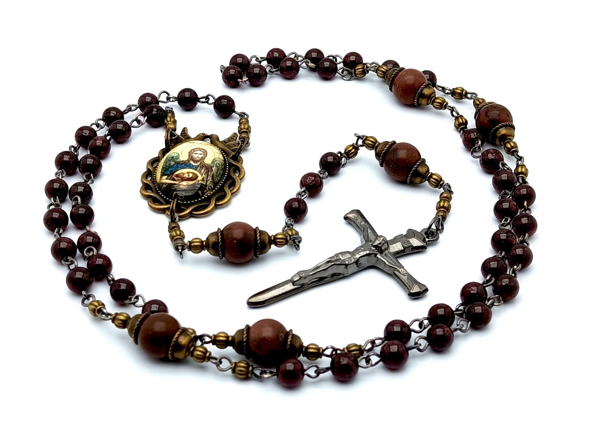 Antique style Saint John the Baptist unique rosary beads with garnet gemstone beads and nail crucifix and Holy Spirit domed center medal.