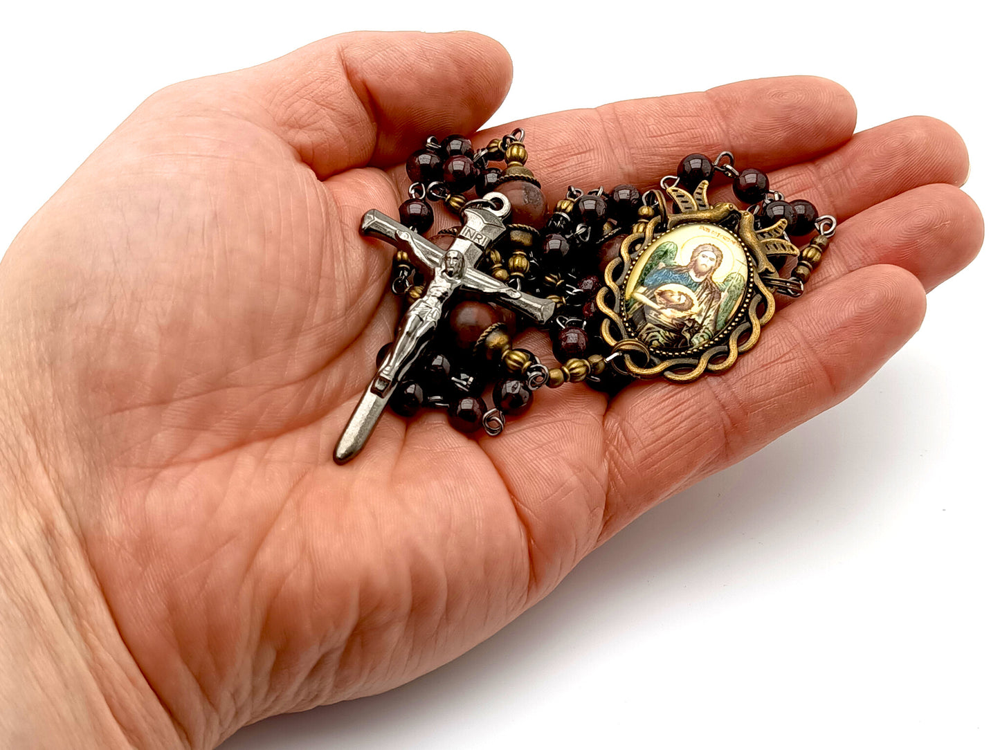 Antique style Saint John the Baptist unique rosary beads with garnet gemstone beads and nail crucifix and Holy Spirit domed center medal.