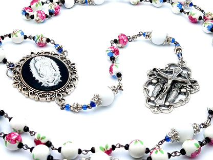 Our Lady of Guadalupe cameo unique rosary beads with porcelain and alabaster gemstone beads and two Angel crucifix.