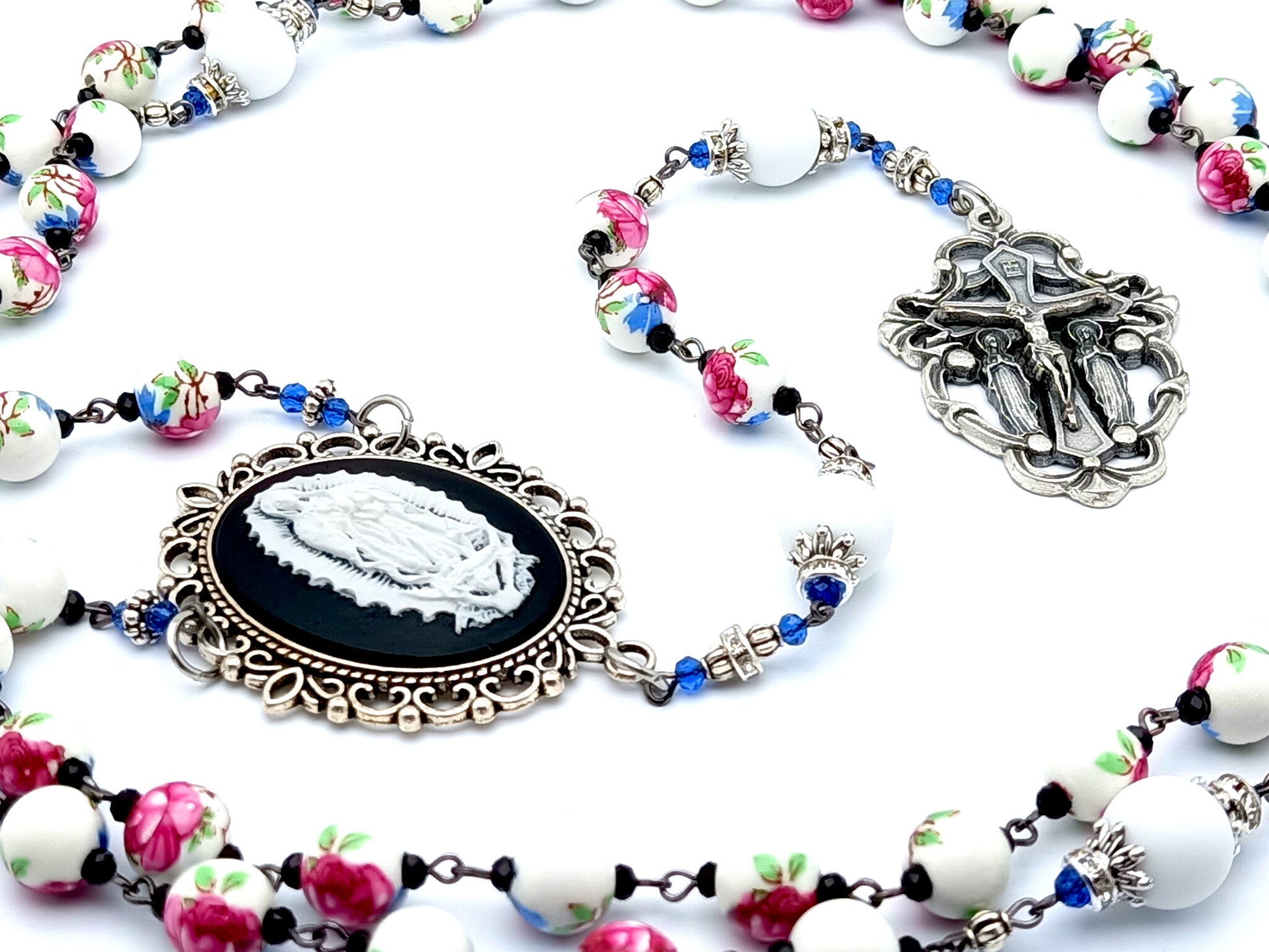 Our Lady of Guadalupe cameo unique rosary beads with porcelain and alabaster gemstone beads and two Angel crucifix.
