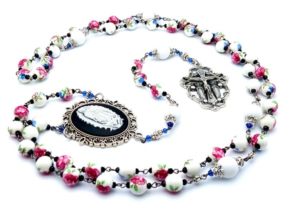 Our Lady of Guadalupe cameo unique rosary beads with porcelain and alabaster gemstone beads and two Angel crucifix.