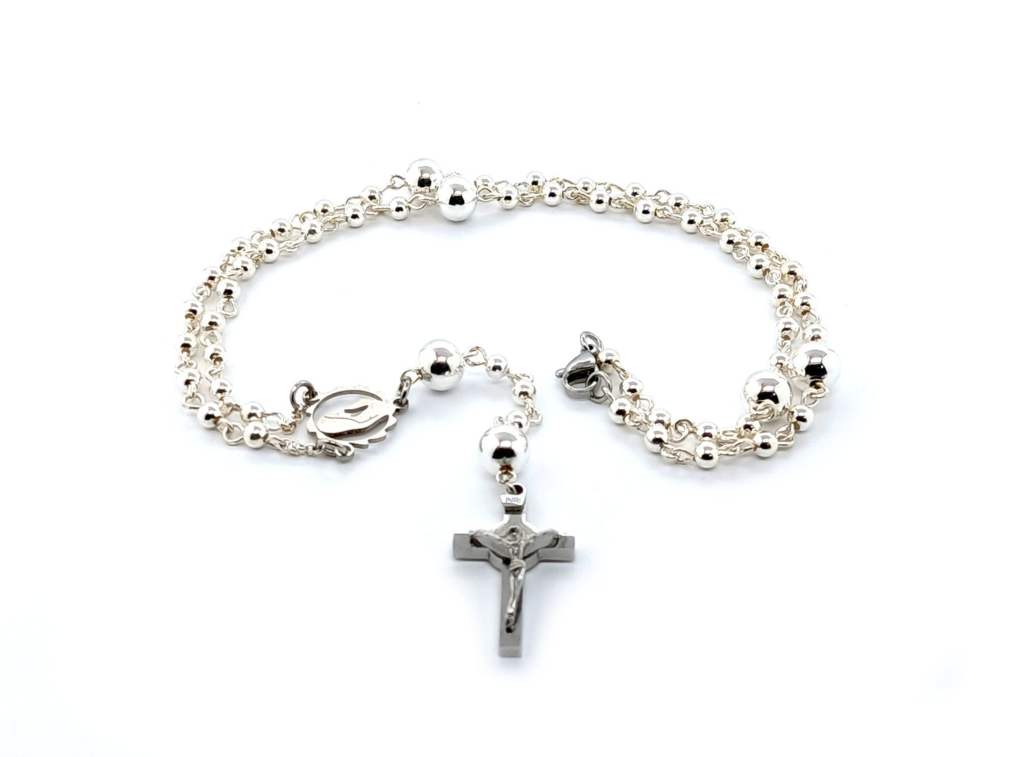 Sterling 925 silver Virgin Mary unique rosary beads necklace with stainless steel Saint Benedict crucifix.