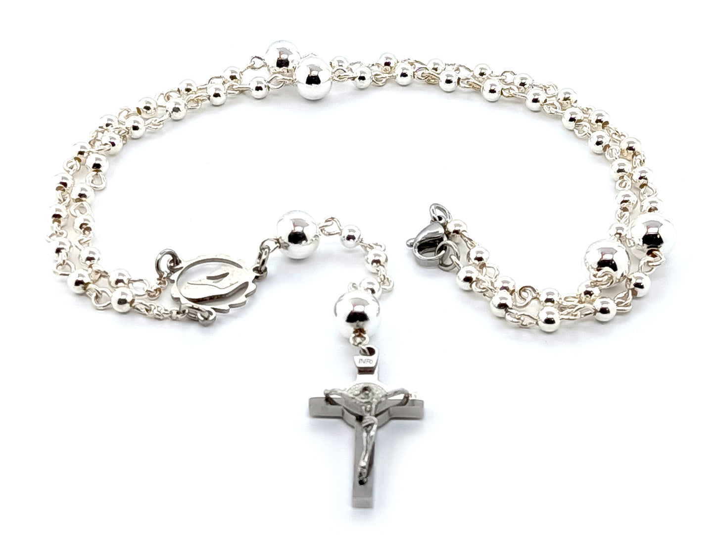 Sterling 925 silver Virgin Mary unique rosary beads necklace with stainless steel Saint Benedict crucifix.