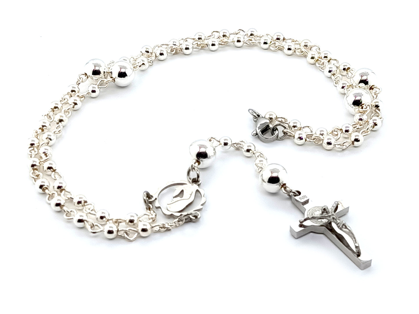 Sterling 925 silver Virgin Mary unique rosary beads necklace with stainless steel Saint Benedict crucifix.