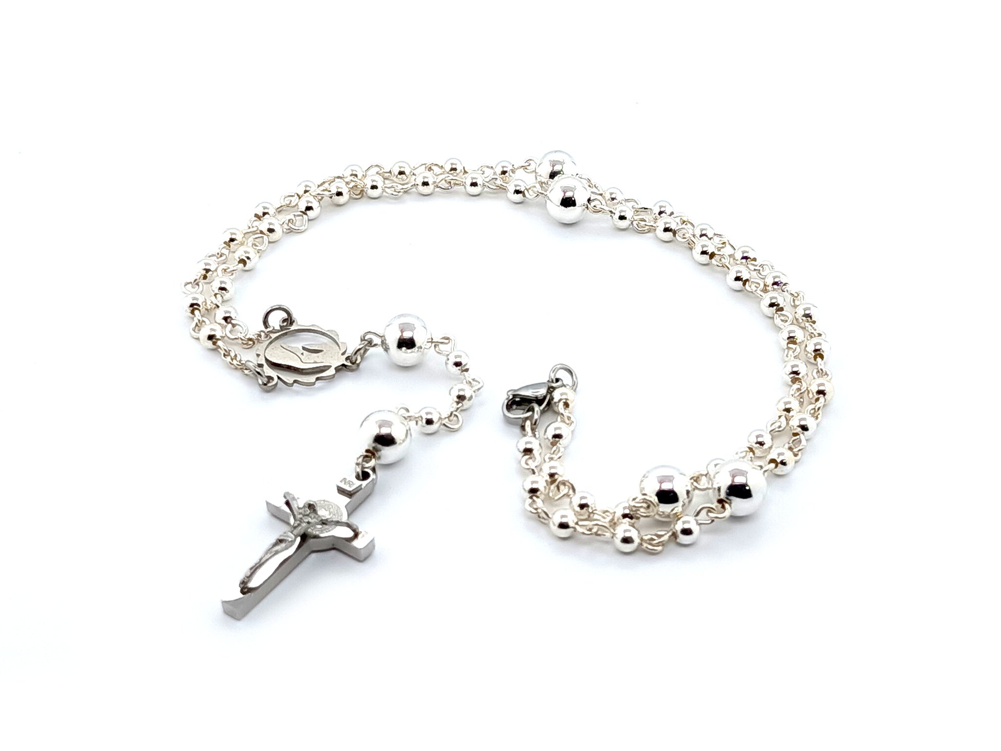 Sterling 925 silver Virgin Mary unique rosary beads necklace with stainless steel Saint Benedict crucifix.