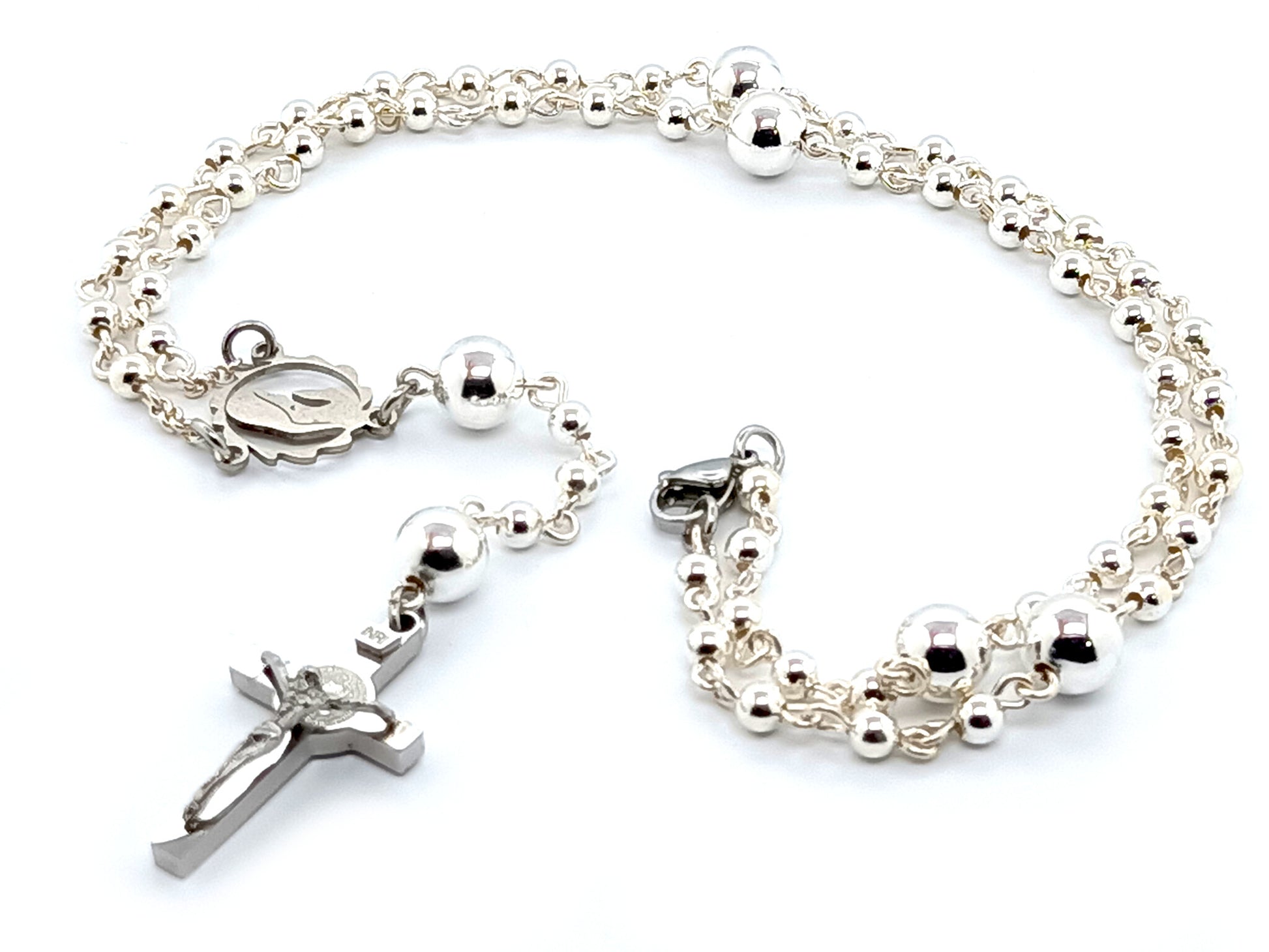 Sterling 925 silver Virgin Mary unique rosary beads necklace with stainless steel Saint Benedict crucifix.