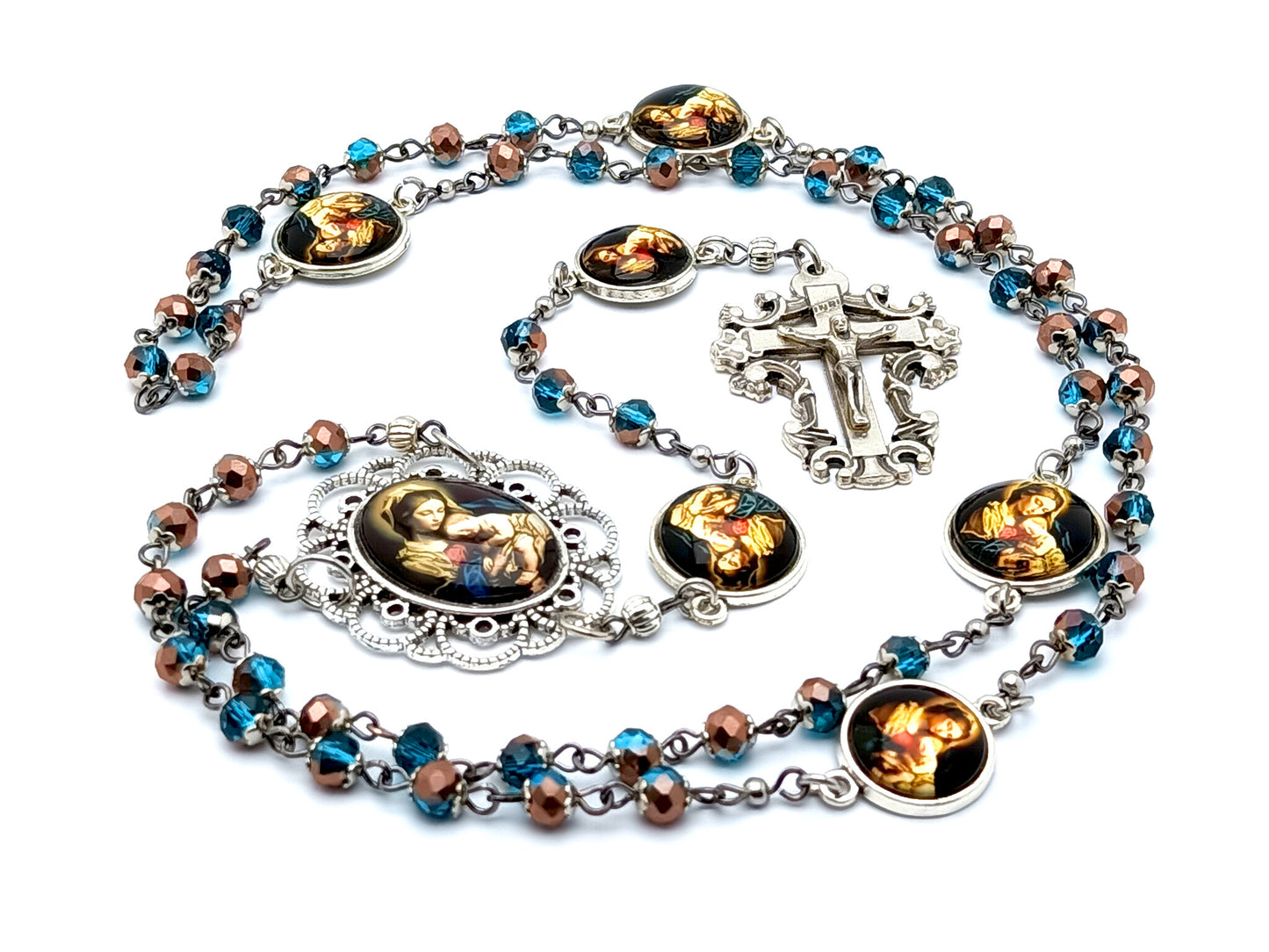 Our Lady of Divine Providence unique rosary beads with glass beads with filigree crucifix and Our Father beads picture medals.