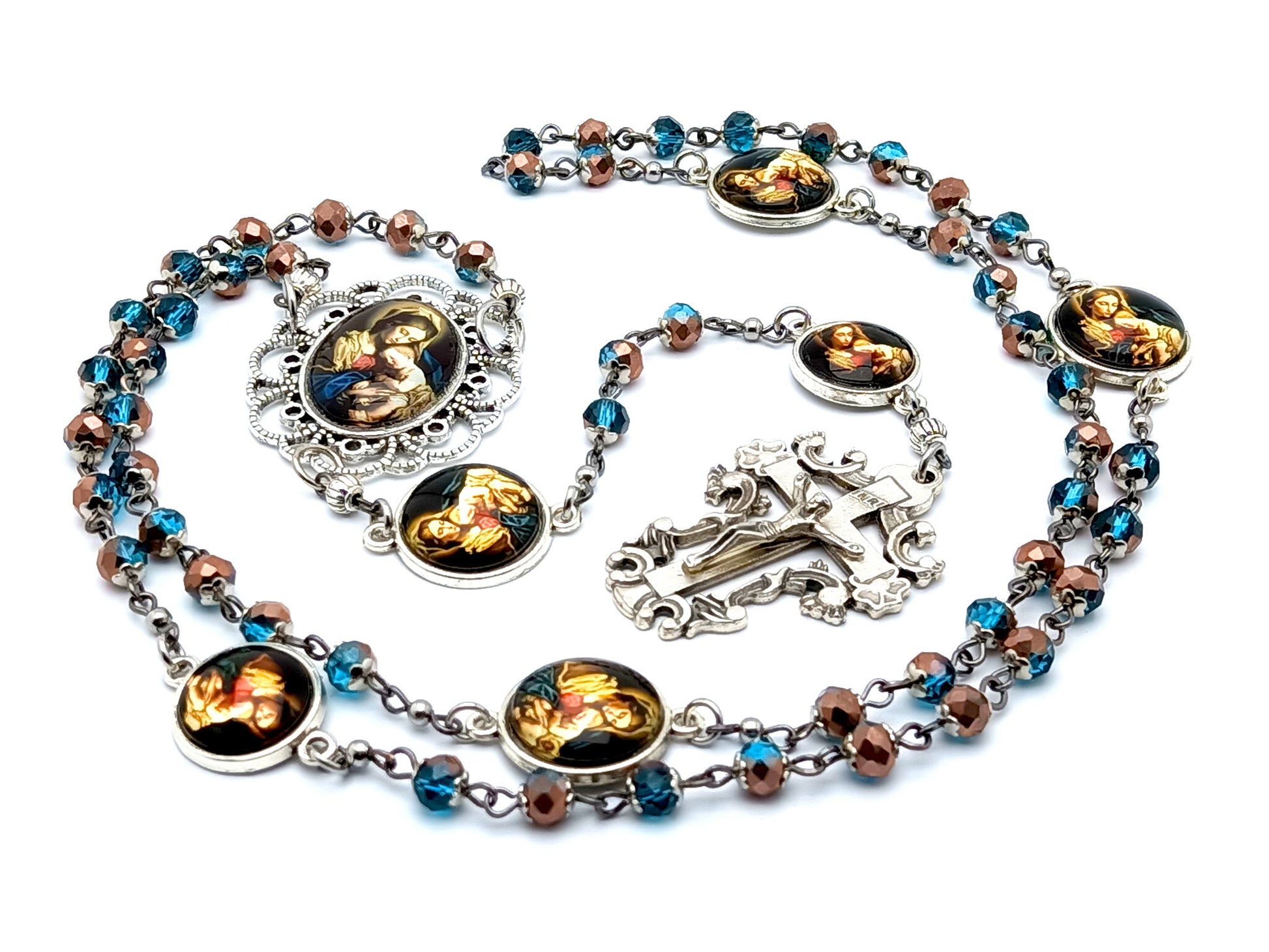 Our Lady of Divine Providence unique rosary beads with glass beads with filigree crucifix and Our Father beads picture medals.