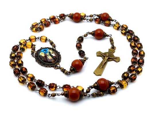 Vintage style Desert Fathers unique rosary beads with glass and jasper gemstone beads and brass Saint Benedict crucifix.