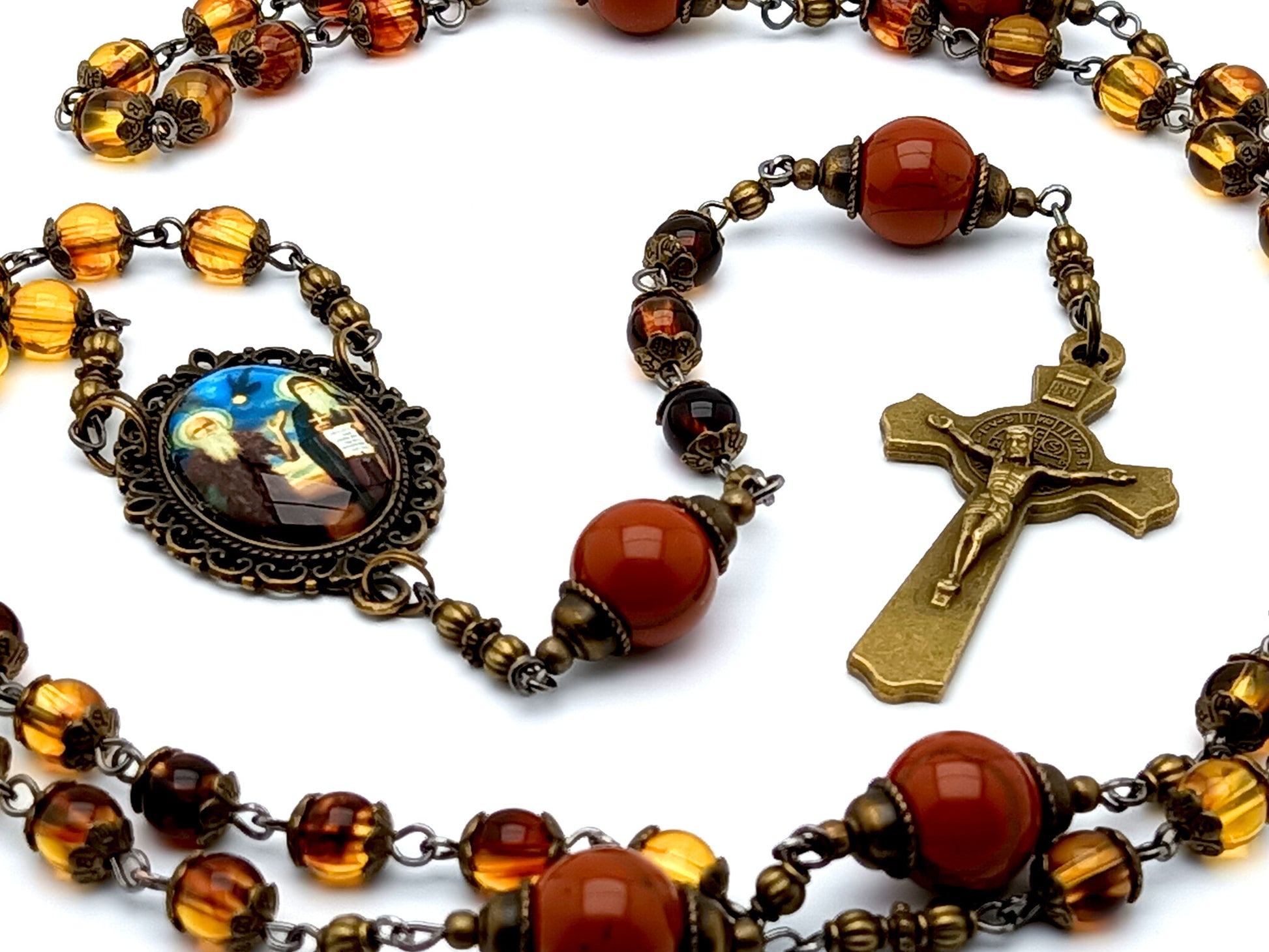 Vintage style Desert Fathers unique rosary beads with glass and jasper gemstone beads and brass Saint Benedict crucifix.