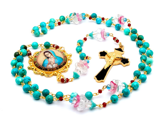 Our Lady of Guadalupe unique rosary beads with turquoise gemstone and glass flowers beads and gold and black enamel Saint Benedict crucifix.