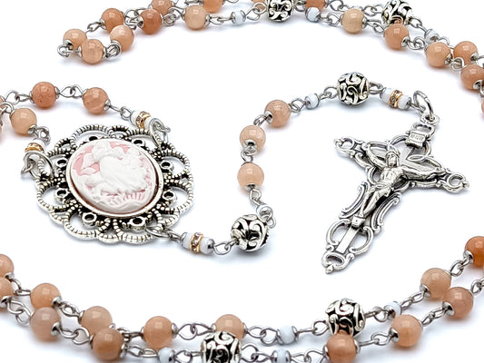 Guardian Angel cameo unique rosary beads with sunstone gemstone and Tibetan silver beads and filigree crucifix.