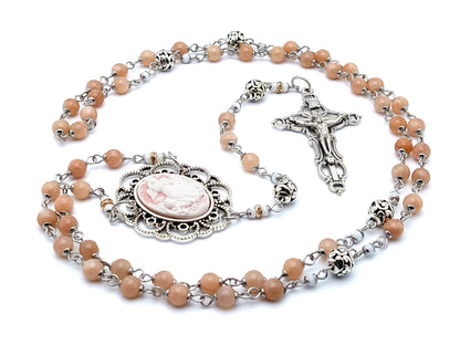 Guardian Angel cameo unique rosary beads with sunstone gemstone and Tibetan silver beads and filigree crucifix.