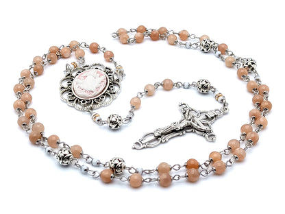 Guardian Angel cameo unique rosary beads with sunstone gemstone and Tibetan silver beads and filigree crucifix.