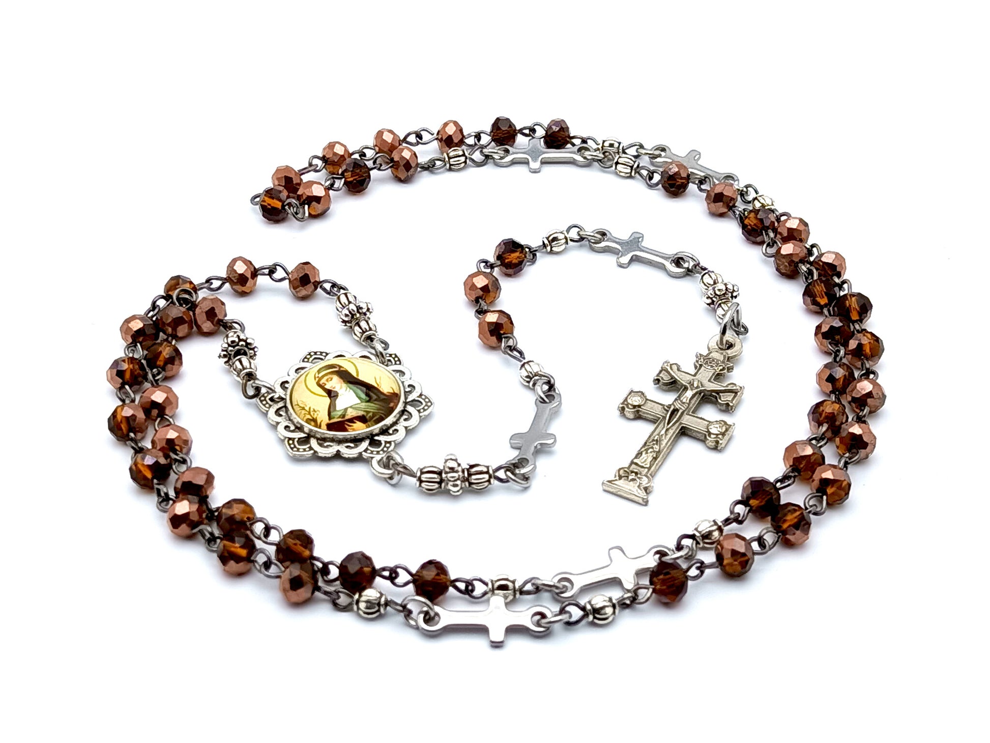 Saint Teresa of Avila unique rosary beads with glass and stainless steel linking cross beads and Caravaca crucifix.