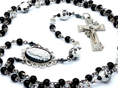 Our Lady of Guadalupe cameo unique rosary beads with onyx gemstone and porcelain beads and lily crucifix.