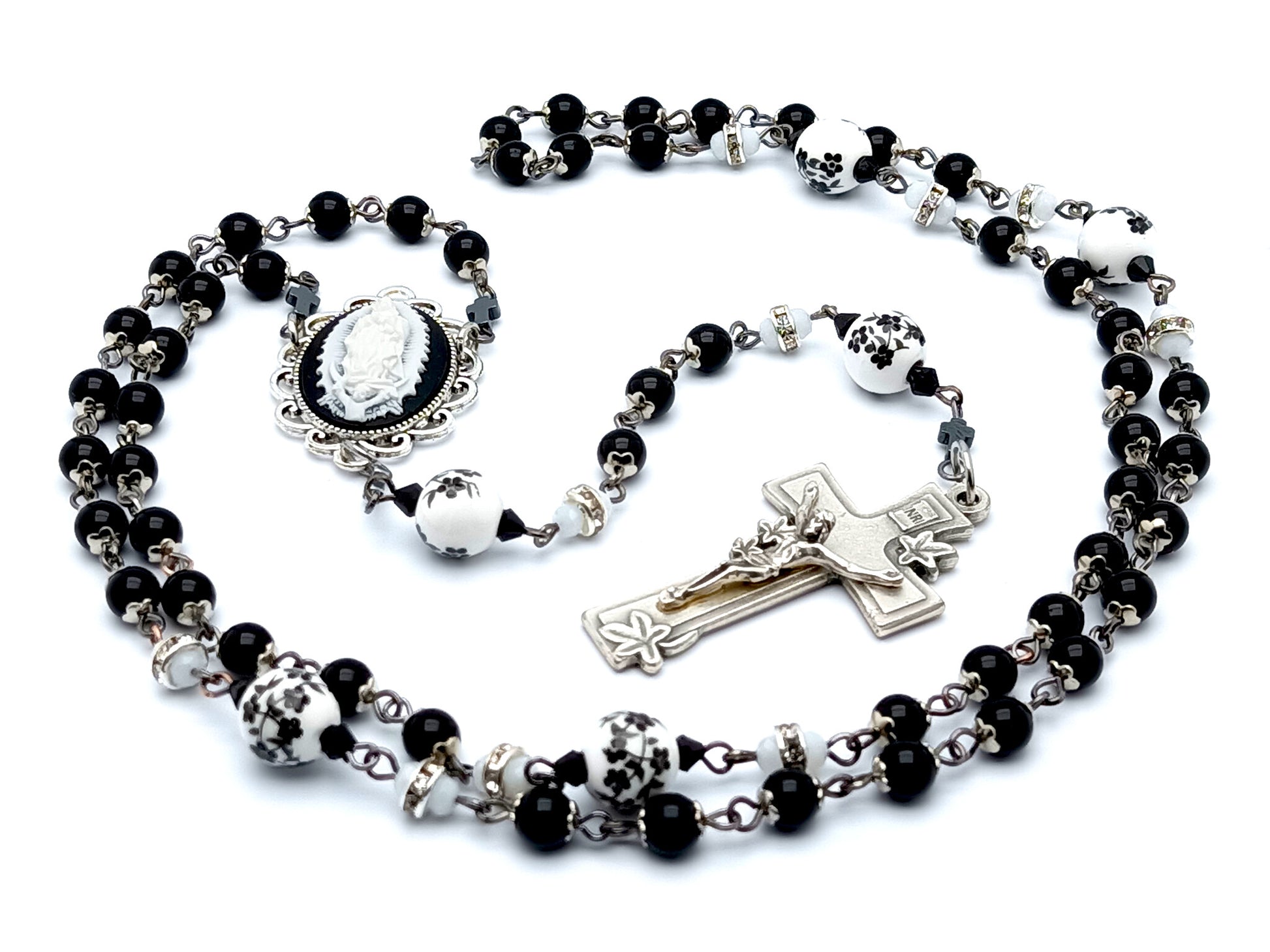 Our Lady of Guadalupe cameo unique rosary beads with onyx gemstone and porcelain beads and lily crucifix.
