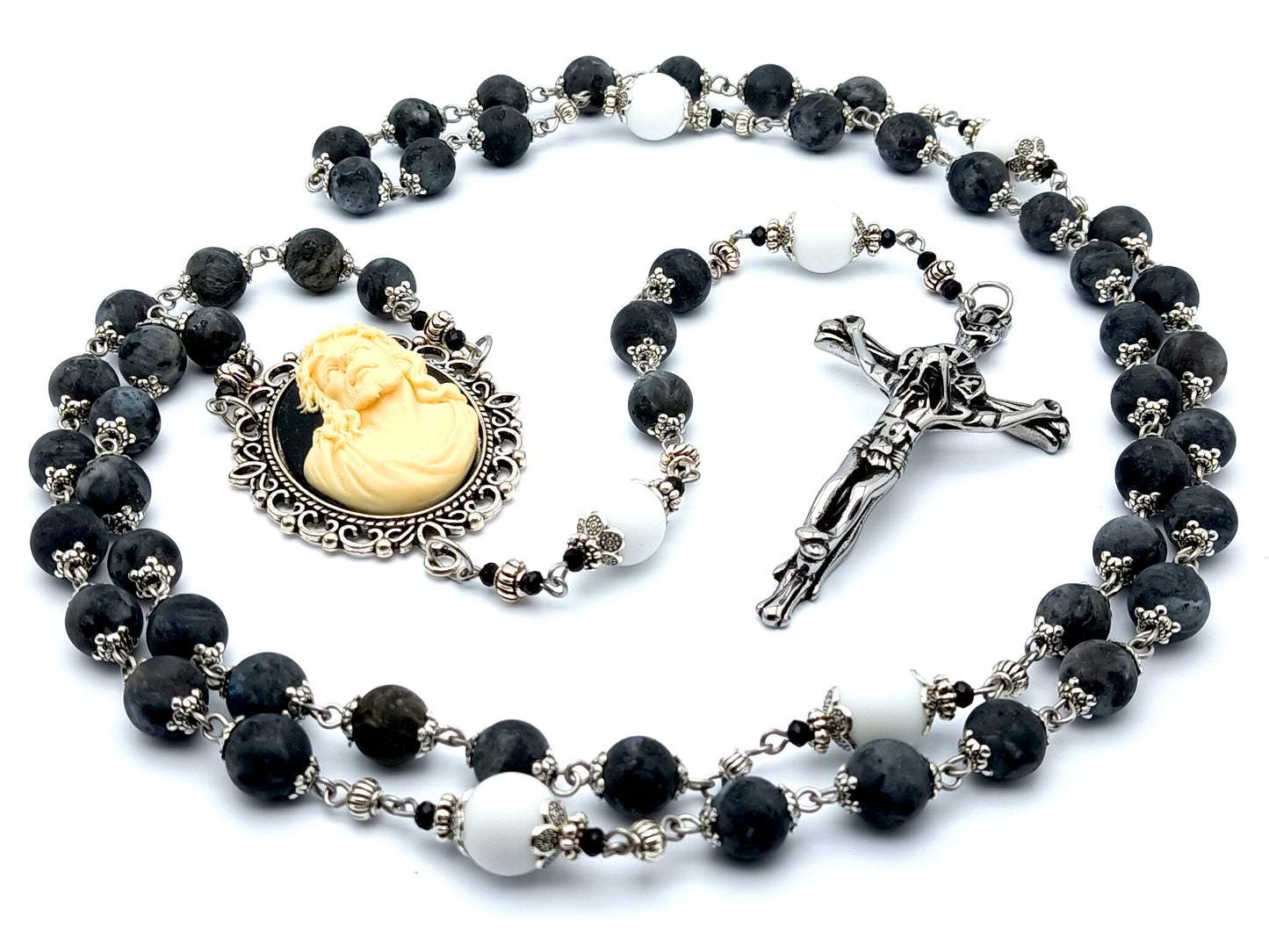 Ecce Homo 3D Jesus Crowning of Thorns cameo unique rosary beads with labradorite and alabaster gemstone beads and large stainless steel crucifix.