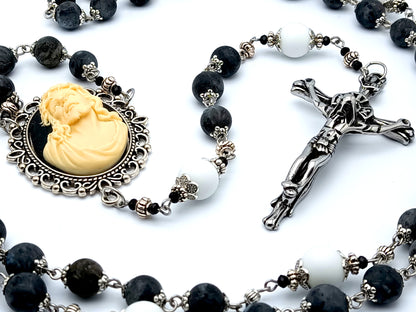 Ecce Homo 3D Jesus Crowning of Thorns cameo unique rosary beads with labradorite and alabaster gemstone beads and large stainless steel crucifix.