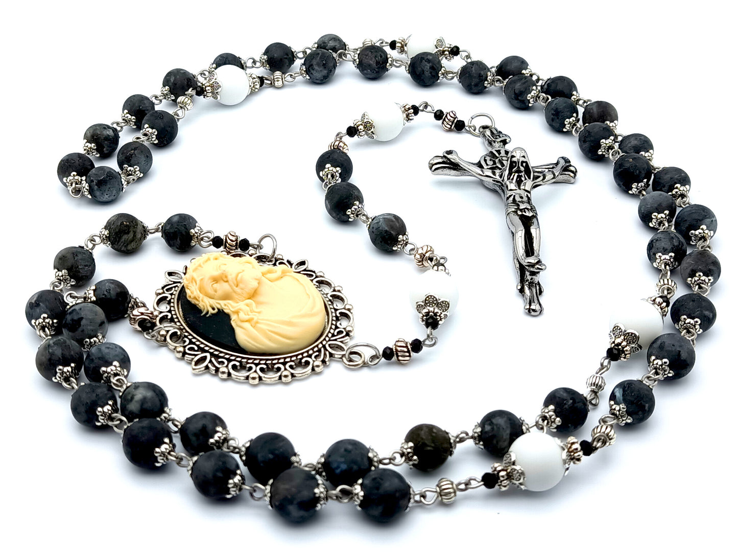 Ecce Homo 3D Jesus Crowning of Thorns cameo unique rosary beads with labradorite and alabaster gemstone beads and large stainless steel crucifix.