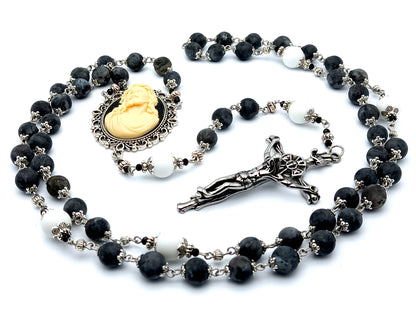 Ecce Homo 3D Jesus Crowning of Thorns cameo unique rosary beads with labradorite and alabaster gemstone beads and large stainless steel crucifix.