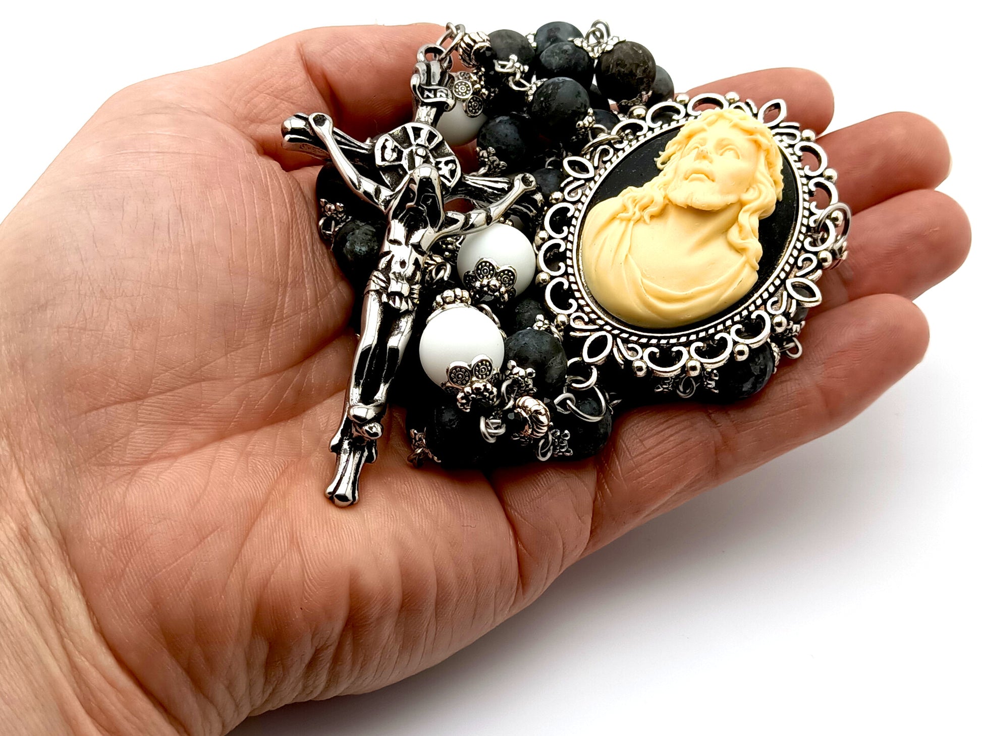 Ecce Homo 3D Jesus Crowning of Thorns cameo unique rosary beads with labradorite and alabaster gemstone beads and large stainless steel crucifix.