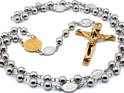 Saint Benedict unique rosary beads with gold plated medal and stainless steel beads and gold plated stainless steel crucifix.