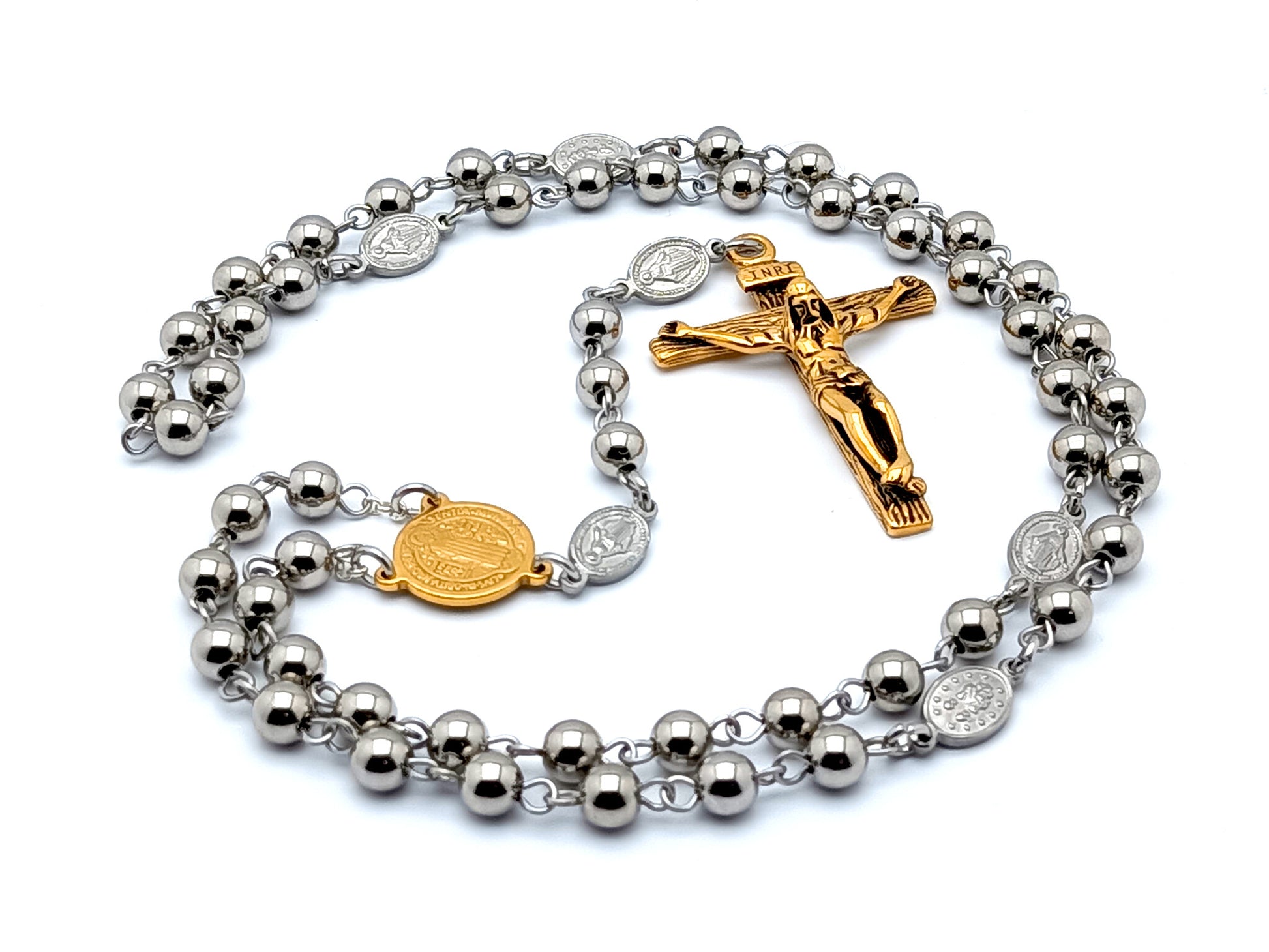 Saint Benedict unique rosary beads with gold plated medal and stainless steel beads and gold plated stainless steel crucifix.