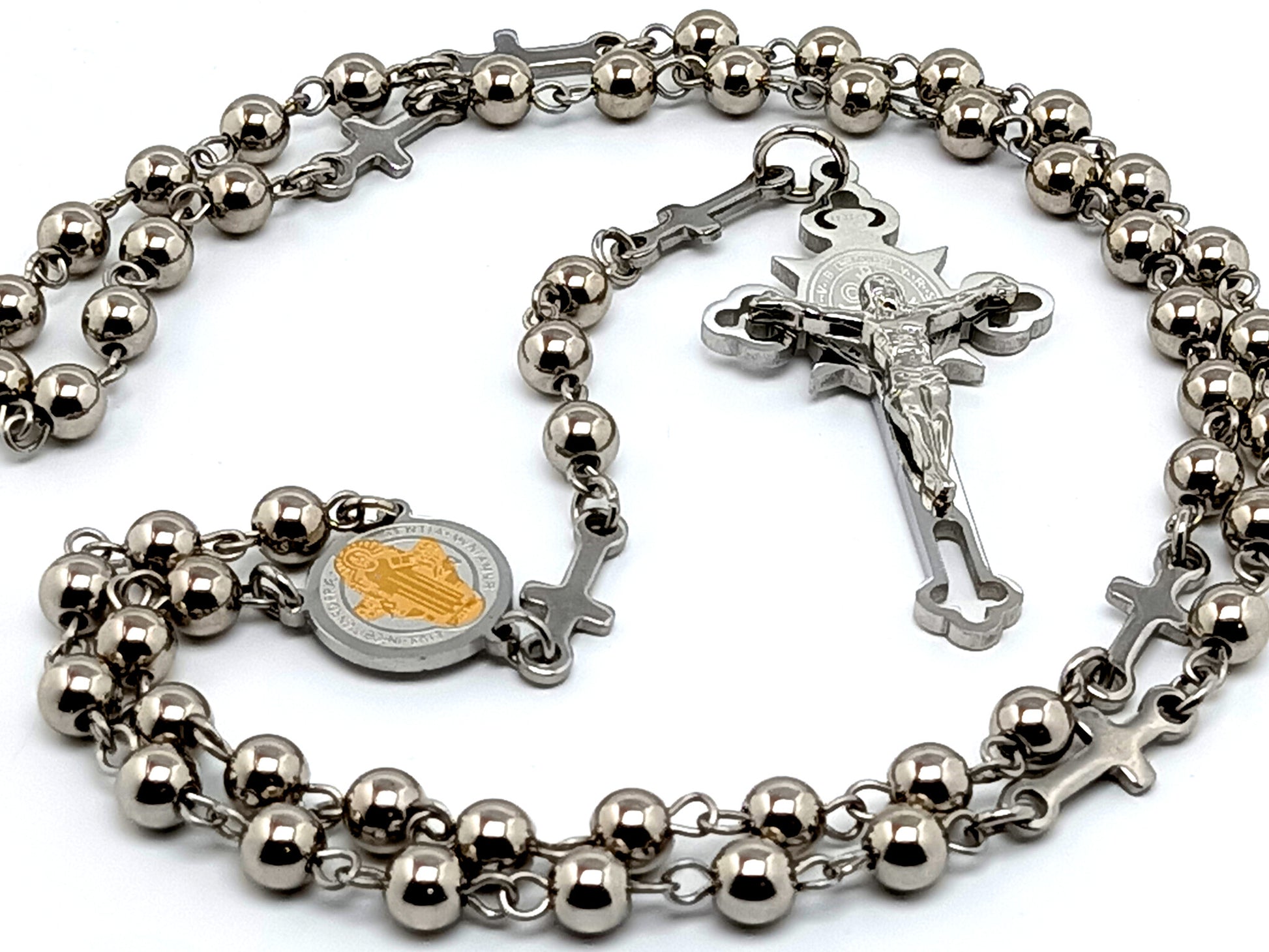 Saint Benedict unique rosary beads with stainless steel and linking cross beads and Saint Benedict stainless steel crucifix.