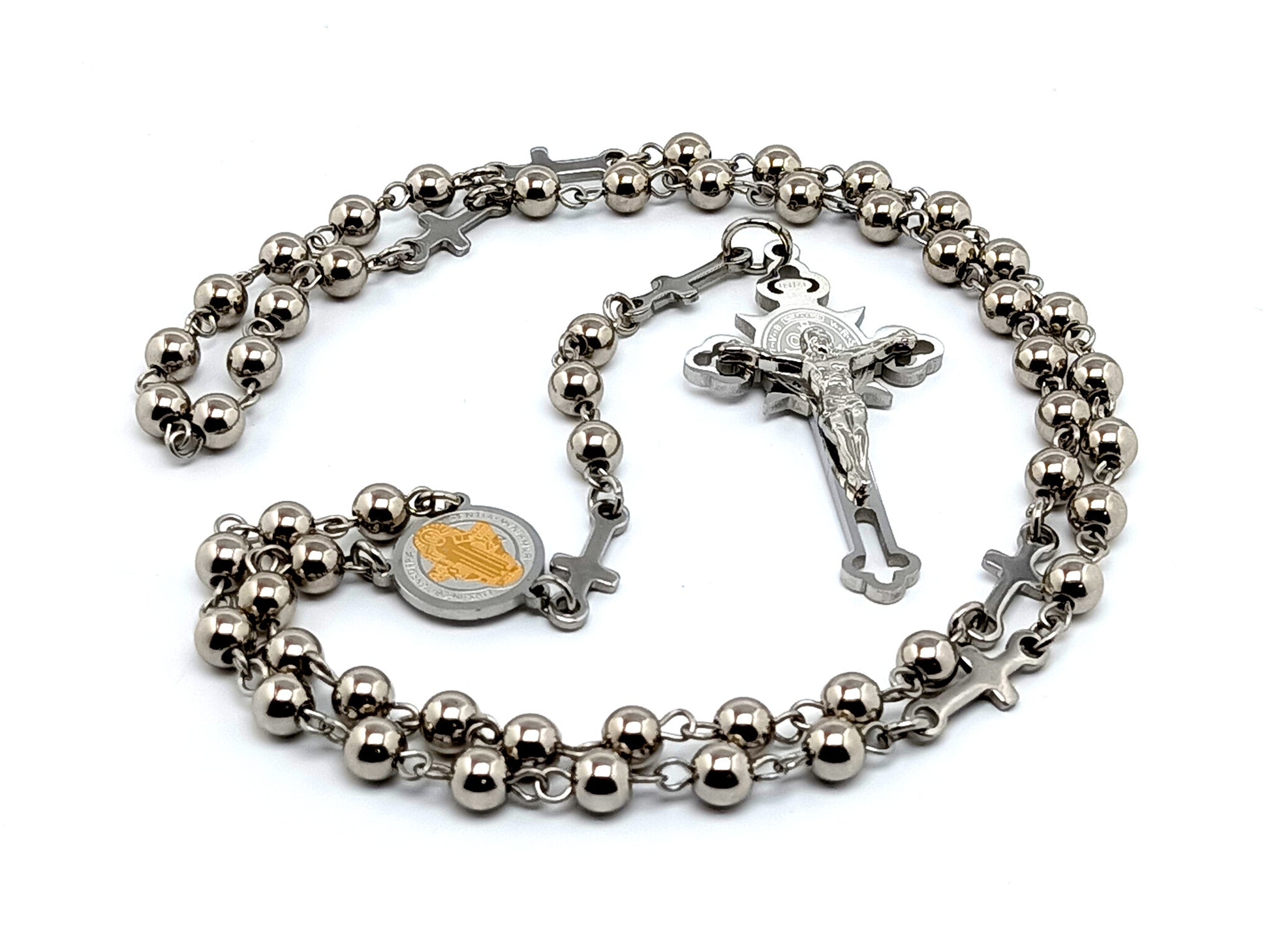 Saint Benedict unique rosary beads with stainless steel and linking cross beads and Saint Benedict stainless steel crucifix.